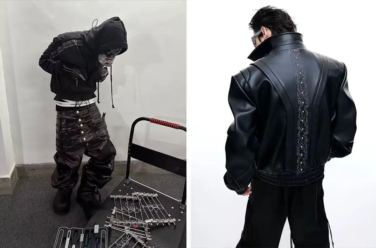 A hooded figure in black Opium clothing with eyelet details, alongside a rear view of a black leather jacket with a unique embroidered spine detail.