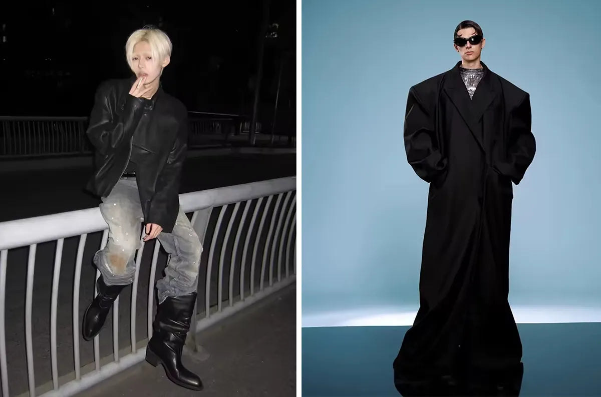 An Opium style street fashion look with a blond-haired person in a leather jacket and distressed jeans, next to a model on a runway in an oversized black coat.