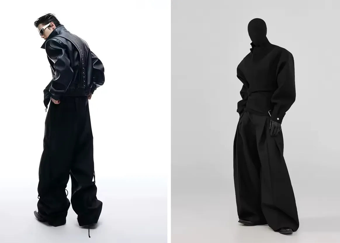 A model in a studded black leather jacket and wide-leg trousers, next to a masked, androgynous figure in a minimalist, black Opium clothing ensemble.