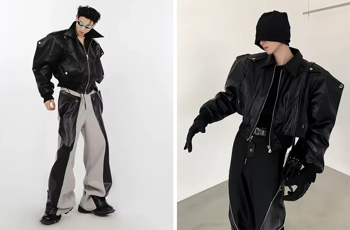 Two edgy Opium style outfits, one featuring a cropped leather jacket and two-tone pants, and the other a similar jacket paired with a black beanie and gloves.