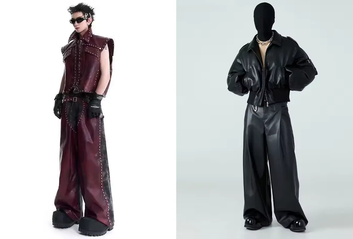 A model in a burgundy studded vest and wide Opium style pants, next to another person in a masked, all-black ensemble with an oversized bomber jacket.
