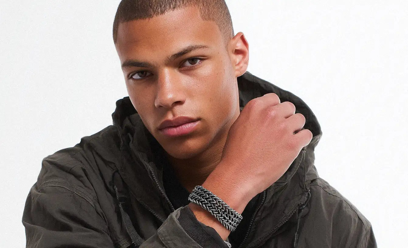 A man wearing a dark jacket, showcasing a multi-strand Stainless Steel Bracelet on his wrist.