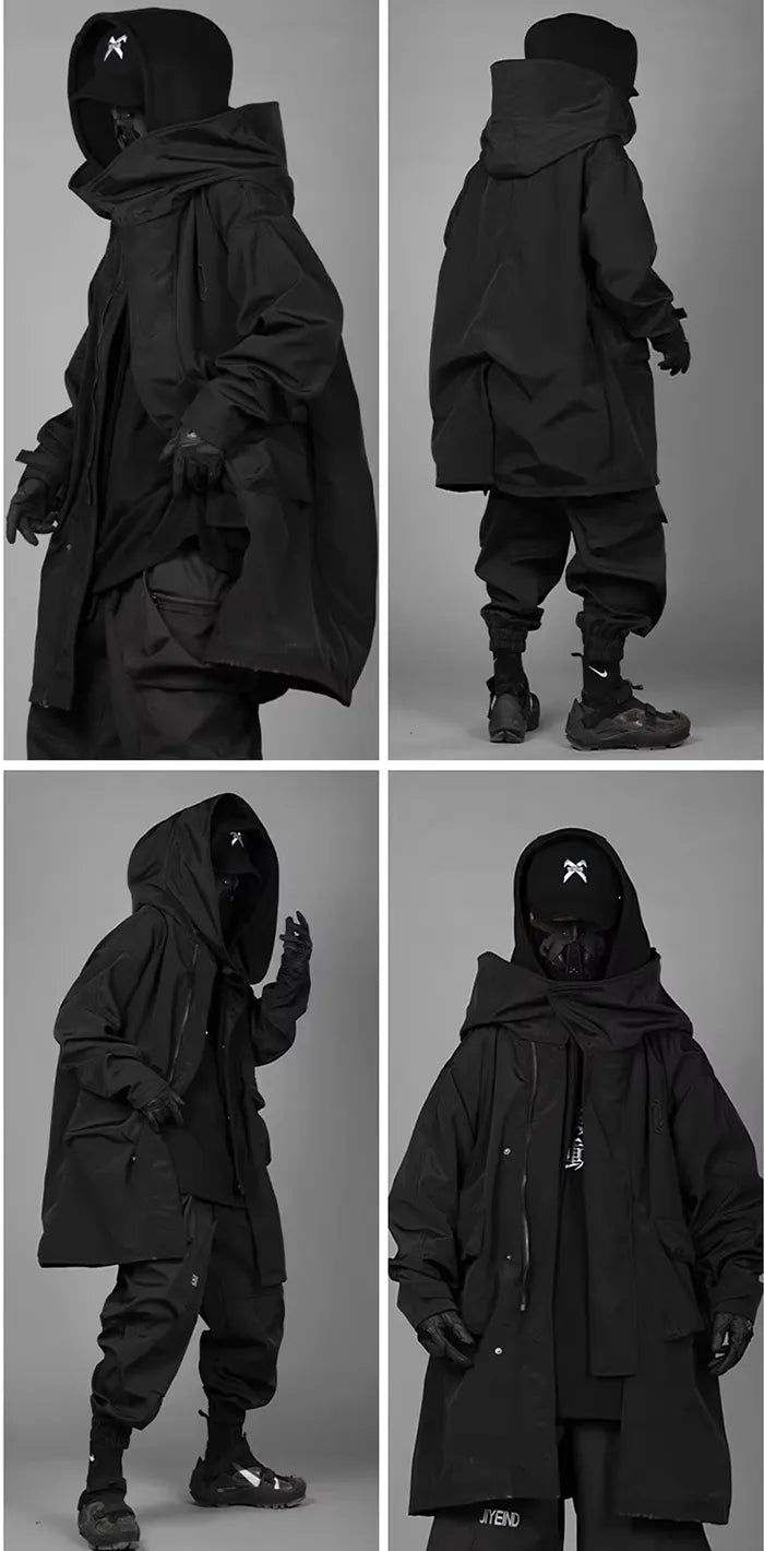 man wearing the Techwear trench coat "Aketsu" in black color