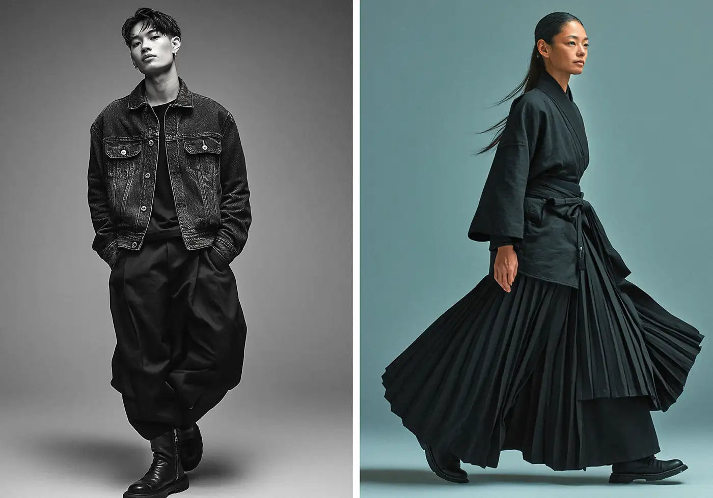 Young man wearing a black denim jacket with wide black hakama pants walking confidently next to a woman in a black kimono jacket and flowing pleated hakama skirt.