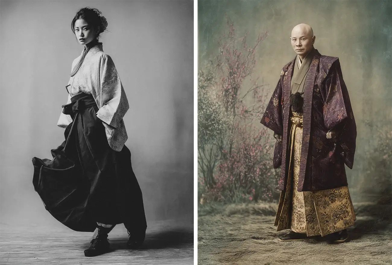 Woman in a gray kimono and wide hakama pants with black boots stands beside an older man in traditional dark kimono and patterned hakama in front of a floral backdrop.