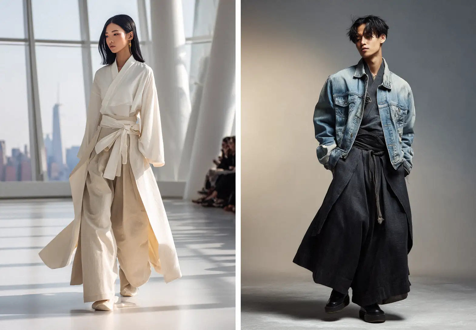 Woman in a cream kimono robe and pants walking on a runway next to a man in a dark blue kimono top and hakama pants wearing sneakers.