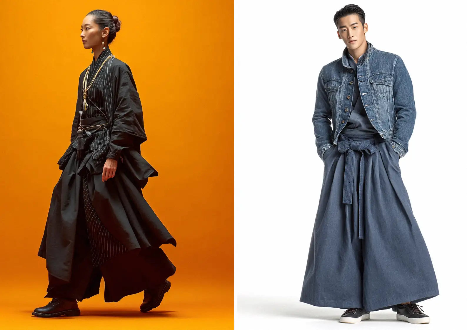 Woman wearing a black patterned kimono jacket and wide hakama pants poses alongside a man in a denim jacket and blue hakama pants.