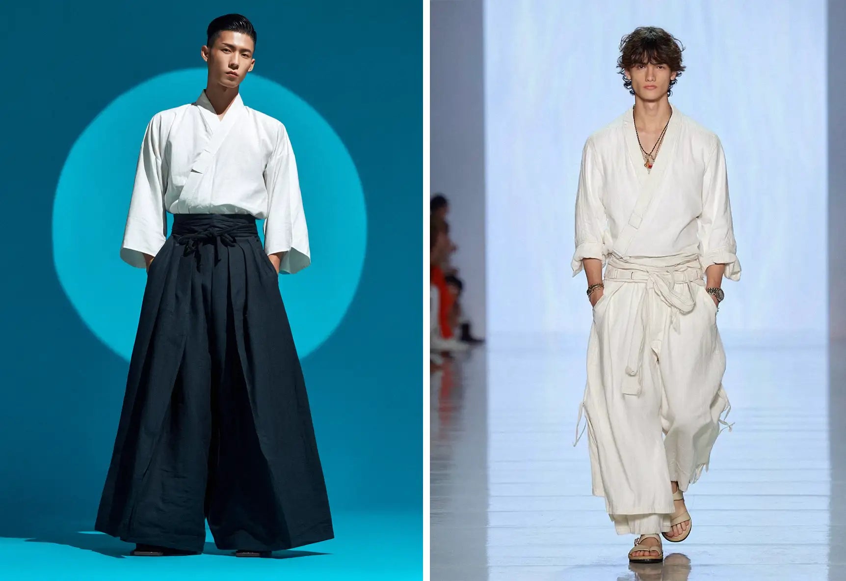 Woman dressed in a cream kimono robe and pants walks on a runway next to a man in a white kimono top and loose hakama pants.