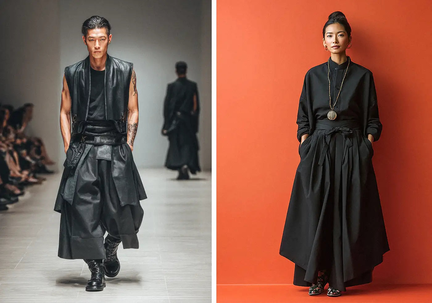 Runway male model in a sleeveless black vest and wide leather hakama pants walks alongside a woman dressed in a black button-up top with wide black hakama pants against an orange background.