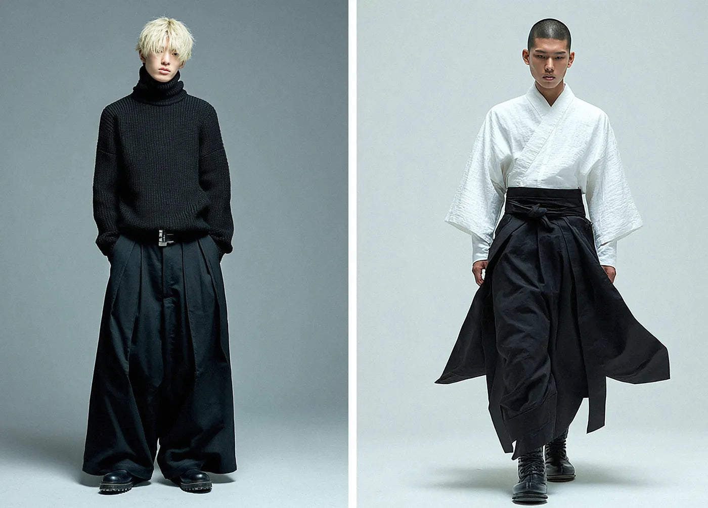 Blond young man in a black turtleneck and wide hakama pants posing beside a man dressed in a white kimono top with black hakama pants and boots.