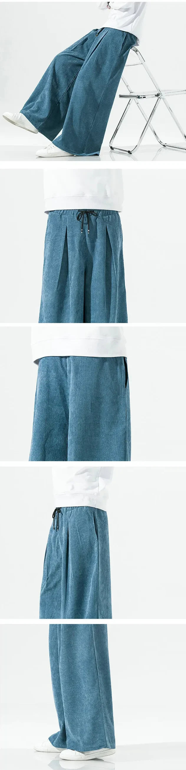 details of the blue Velvet wide leg japanese pants "Shiko"