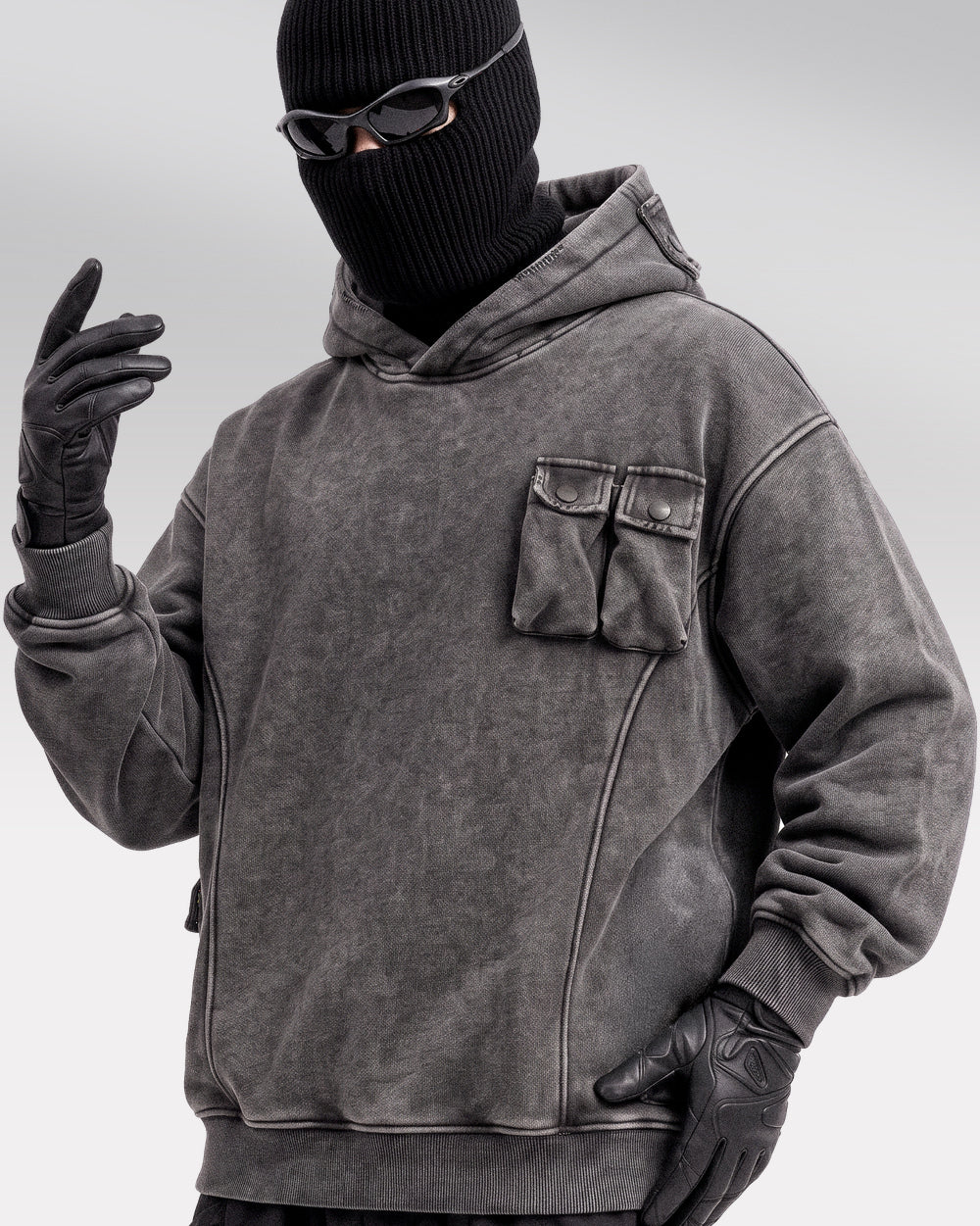 Acid Wash Hoodie "Yachiru", Gray, user-selected worn hero showing twin chest pockets
