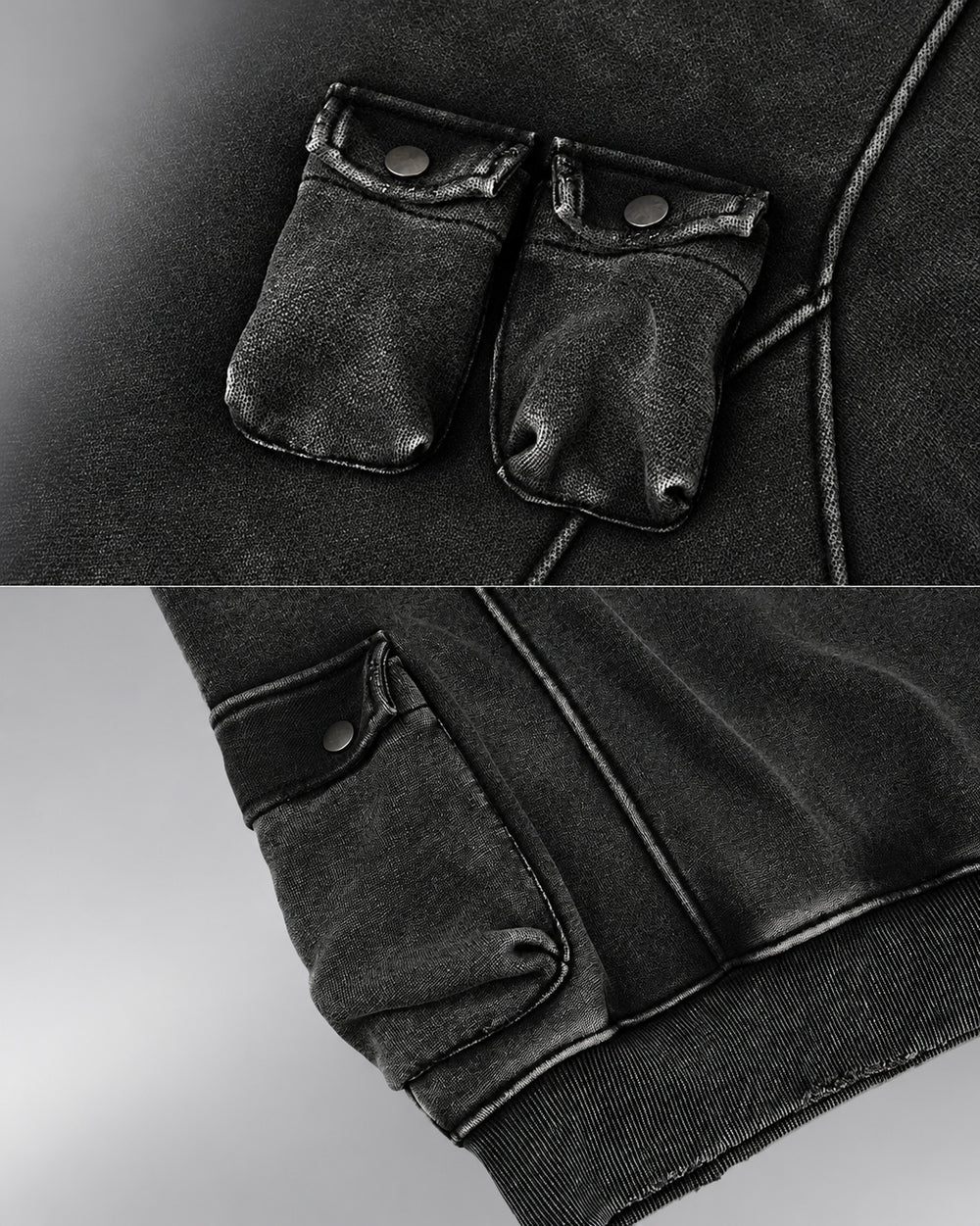 Acid Wash Hoodie "Yachiru", Black, twin chest pouches and lower side pocket details