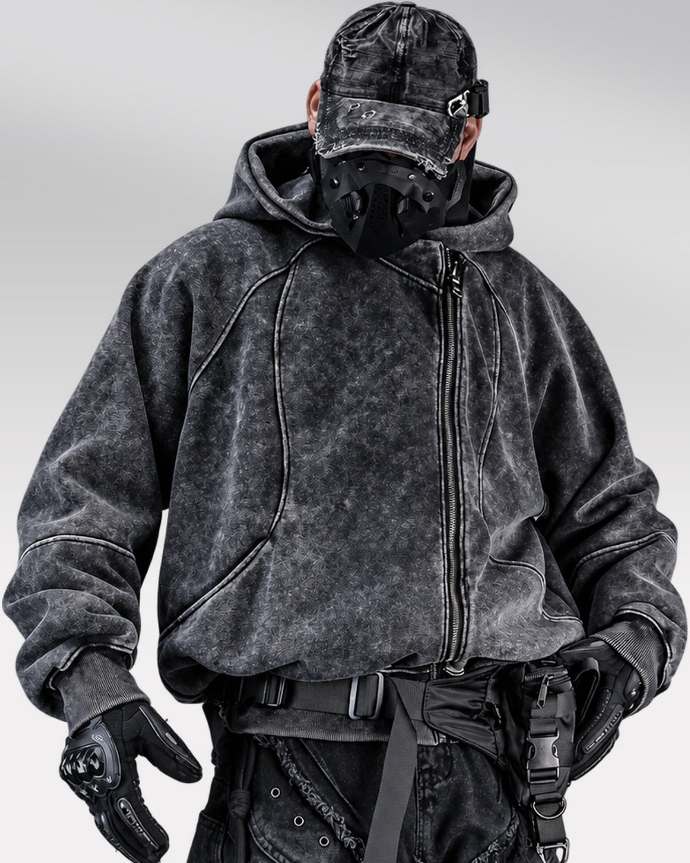 Asymmetrical zipper hoodie "Ama" in black, front view with hands at sides