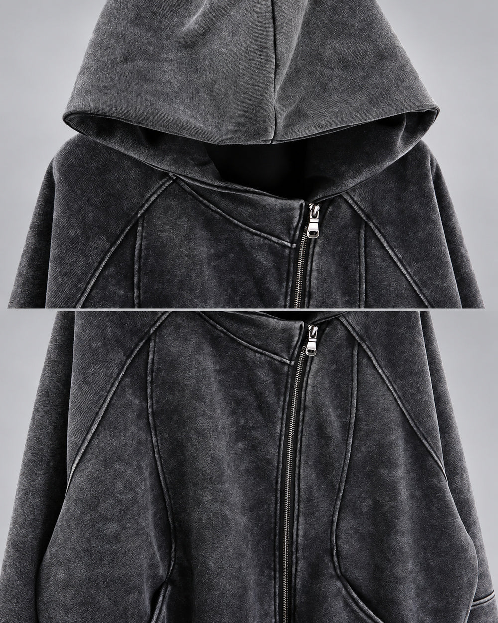 Asymmetrical zipper hoodie "Ama" in black, hood and asymmetrical zipper details