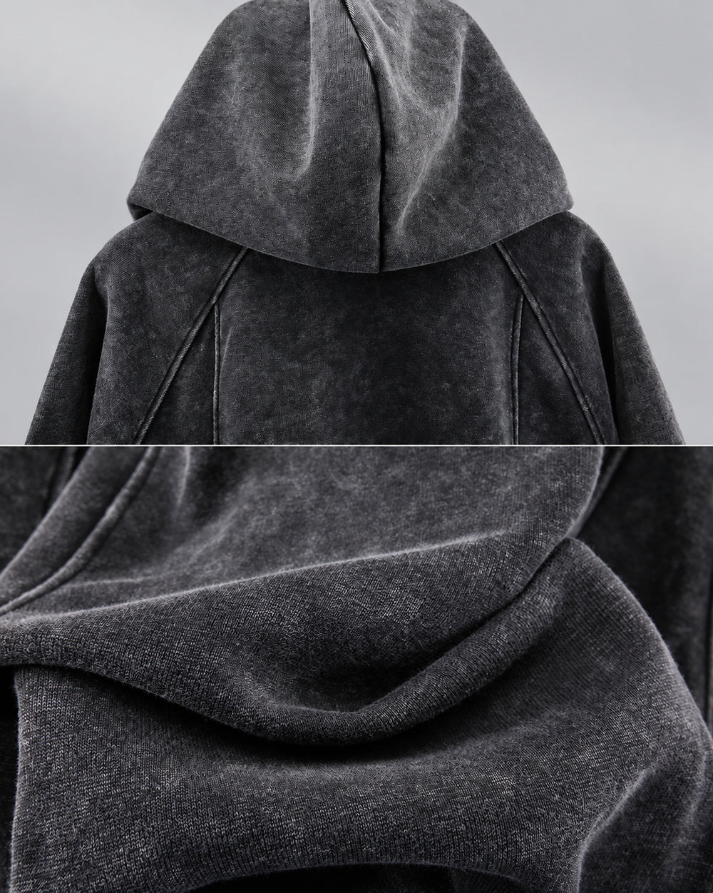 Asymmetrical zipper hoodie "Ama" in black, rear hood and washed fabric details