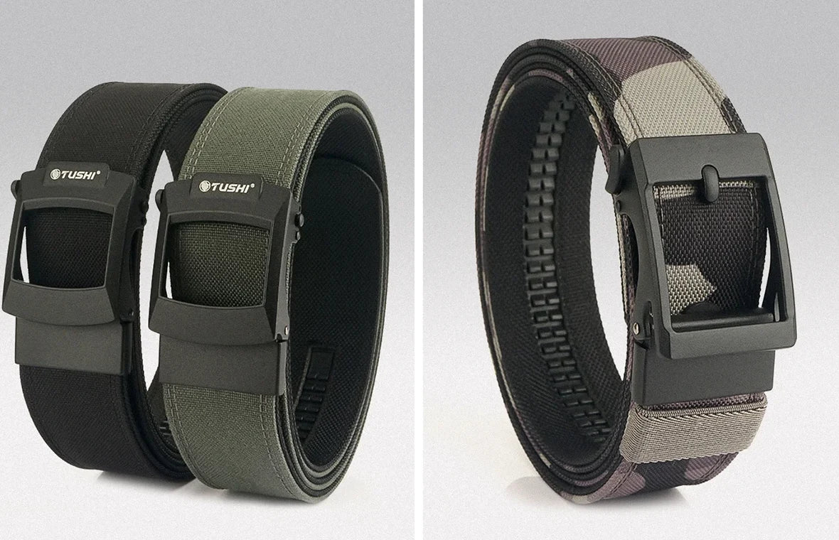 A set of automatic buckle belts in different colors and designs, illustrating the range of options available for secure and stylish wear.