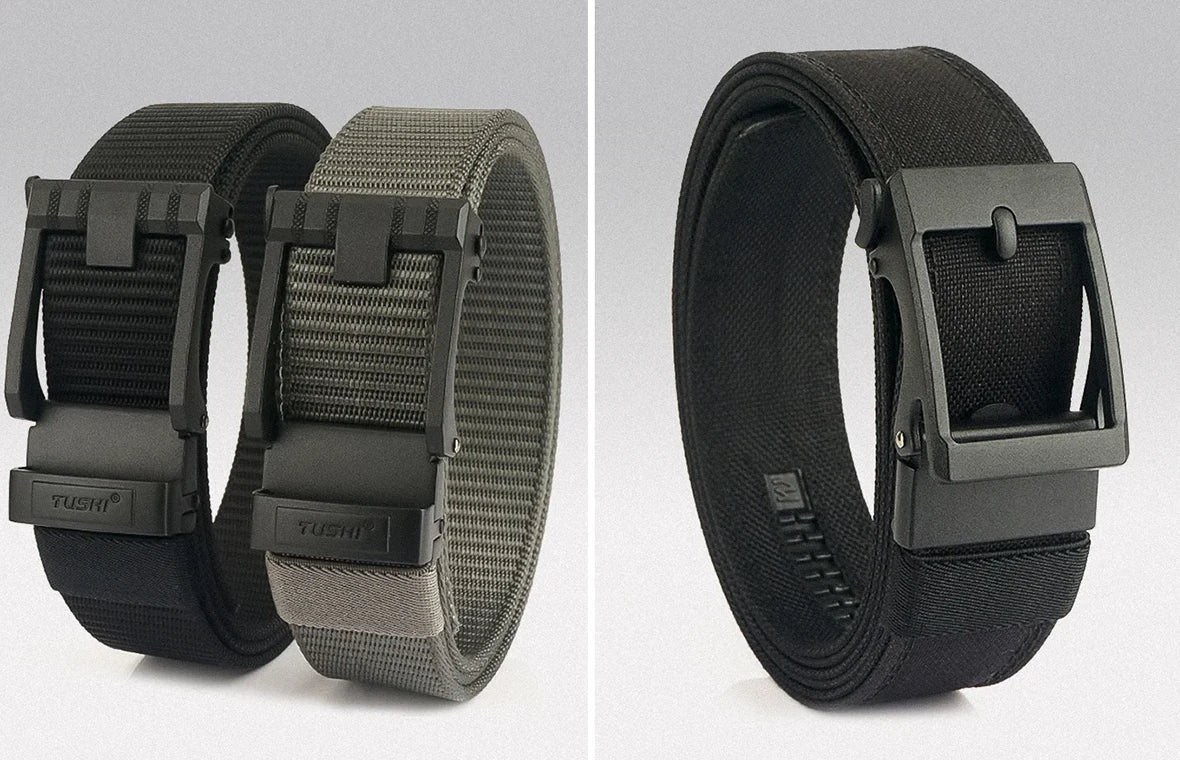 A pair of automatic buckle belts in black and green colors, highlighting their robust design and versatility for various outfits.