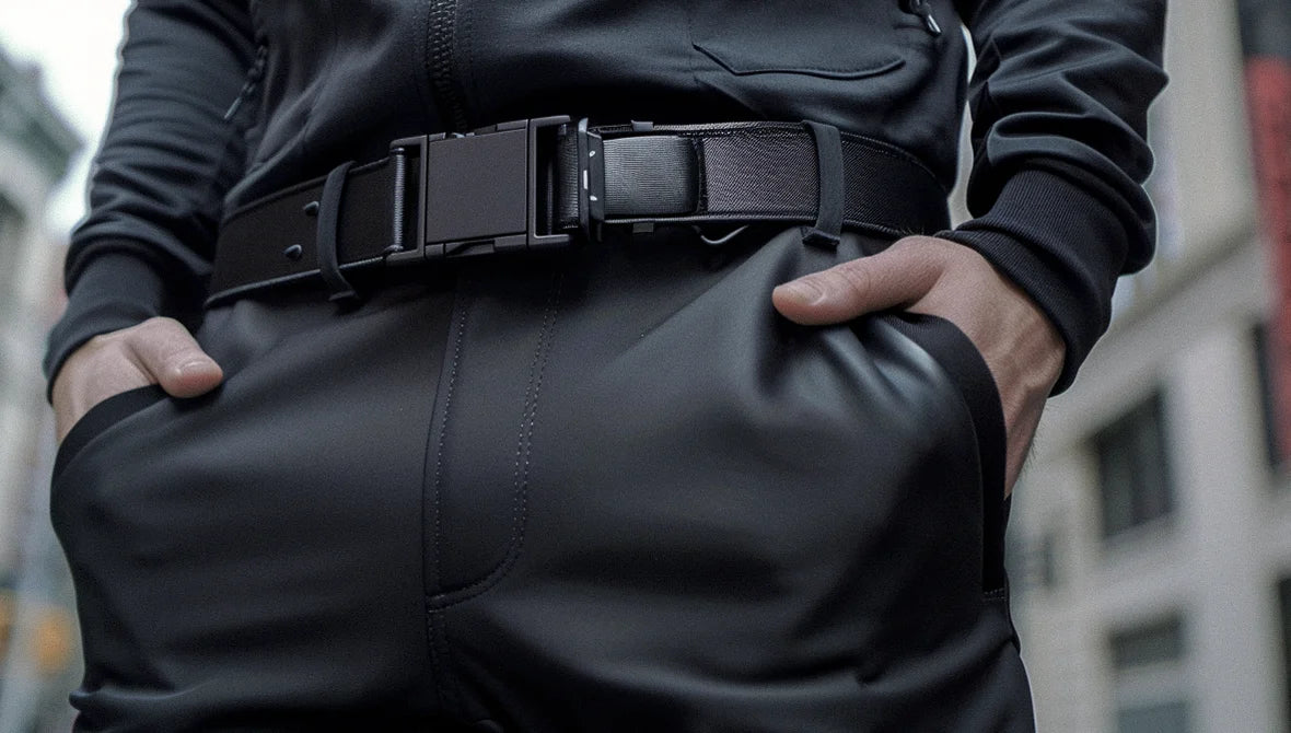 A close-up shot of a man’s waist wearing an automatic buckle belt paired with black cargo pants, showing the belt’s tactical and durable features.