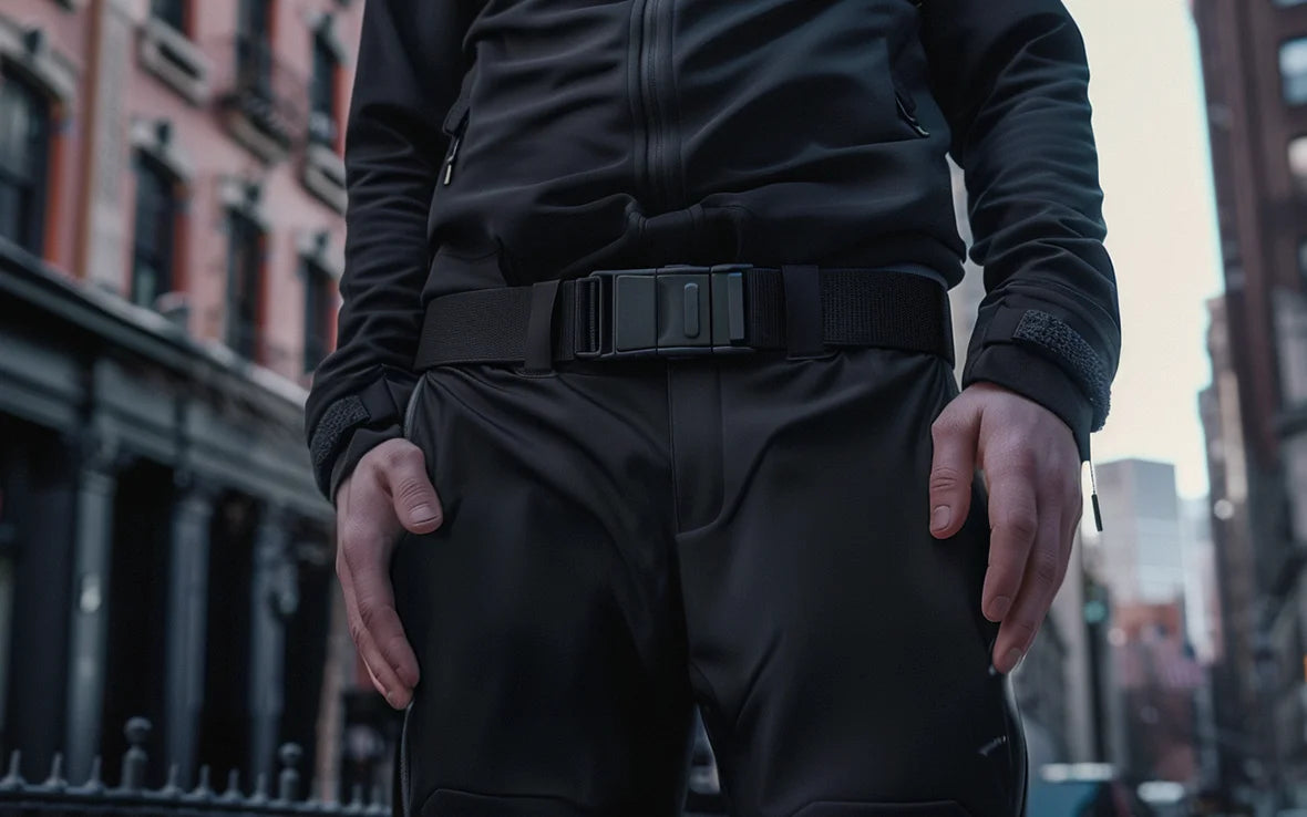 A close-up view of a man wearing a black tactical outfit featuring an automatic buckle belt, highlighting the secure and sleek design of the belt in an urban setting