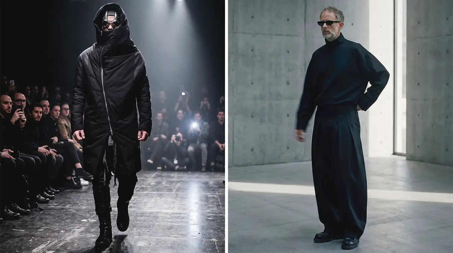 Avant-garde clothing look on runway featuring a black oversized hooded puffer jacket with diagonal zip and face mask, paired with dark cargo pants and combat boots — contrasted with a minimalist all-black turtleneck and wide-leg trousers ensemble in a concrete setting
