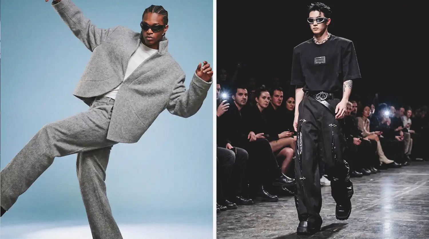 Avant-garde clothing in action with a model dynamically posing in a structured grey wool coat and wide-leg trousers — contrasted with a runway look featuring black oversized utility pants adorned with silver D-ring hardware chains and a branded patch tee
