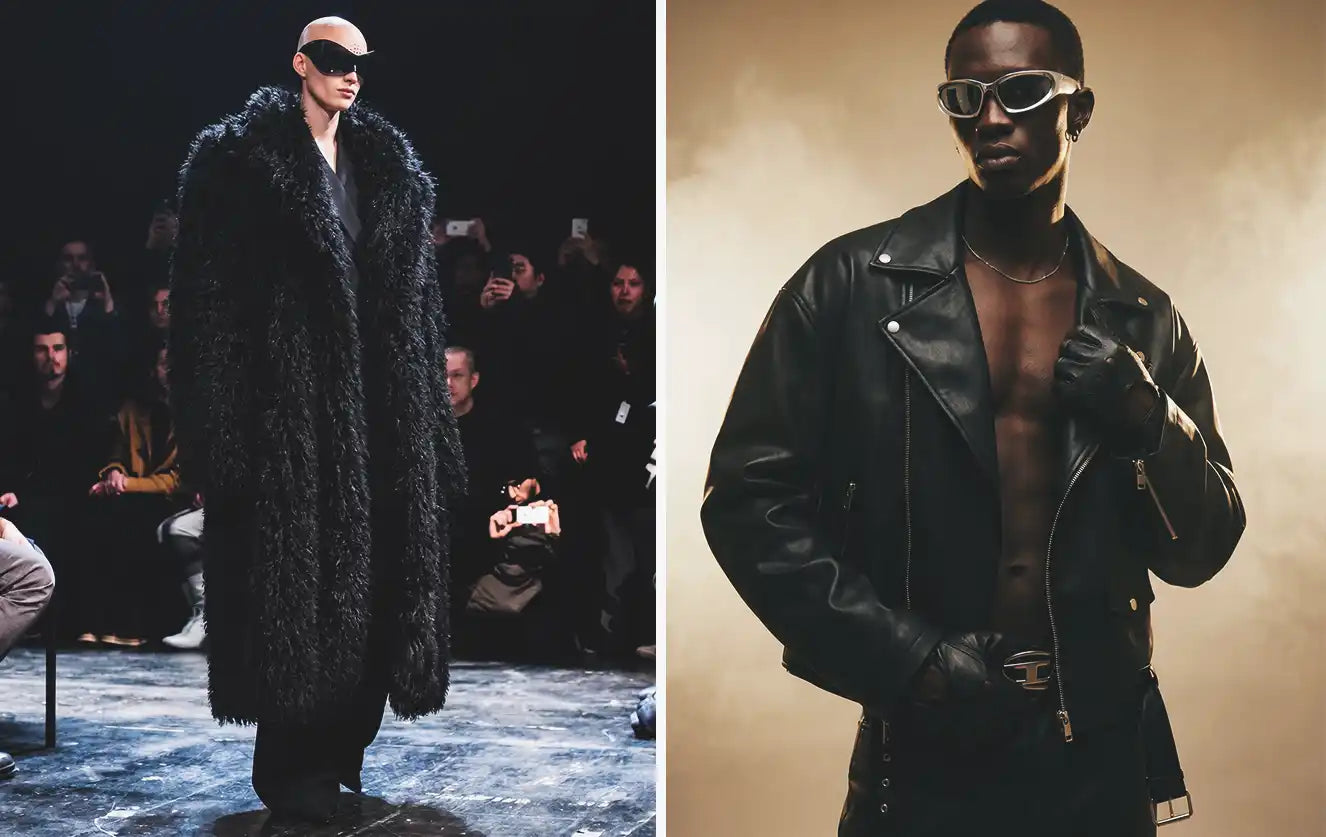 Avant-garde clothing on the runway with a floor-length dramatic black shaggy faux fur coat and wraparound visor sunglasses — alongside a model in a classic black leather biker jacket worn open with silver hardware belt and wrap sunglasses against a smoky backdrop