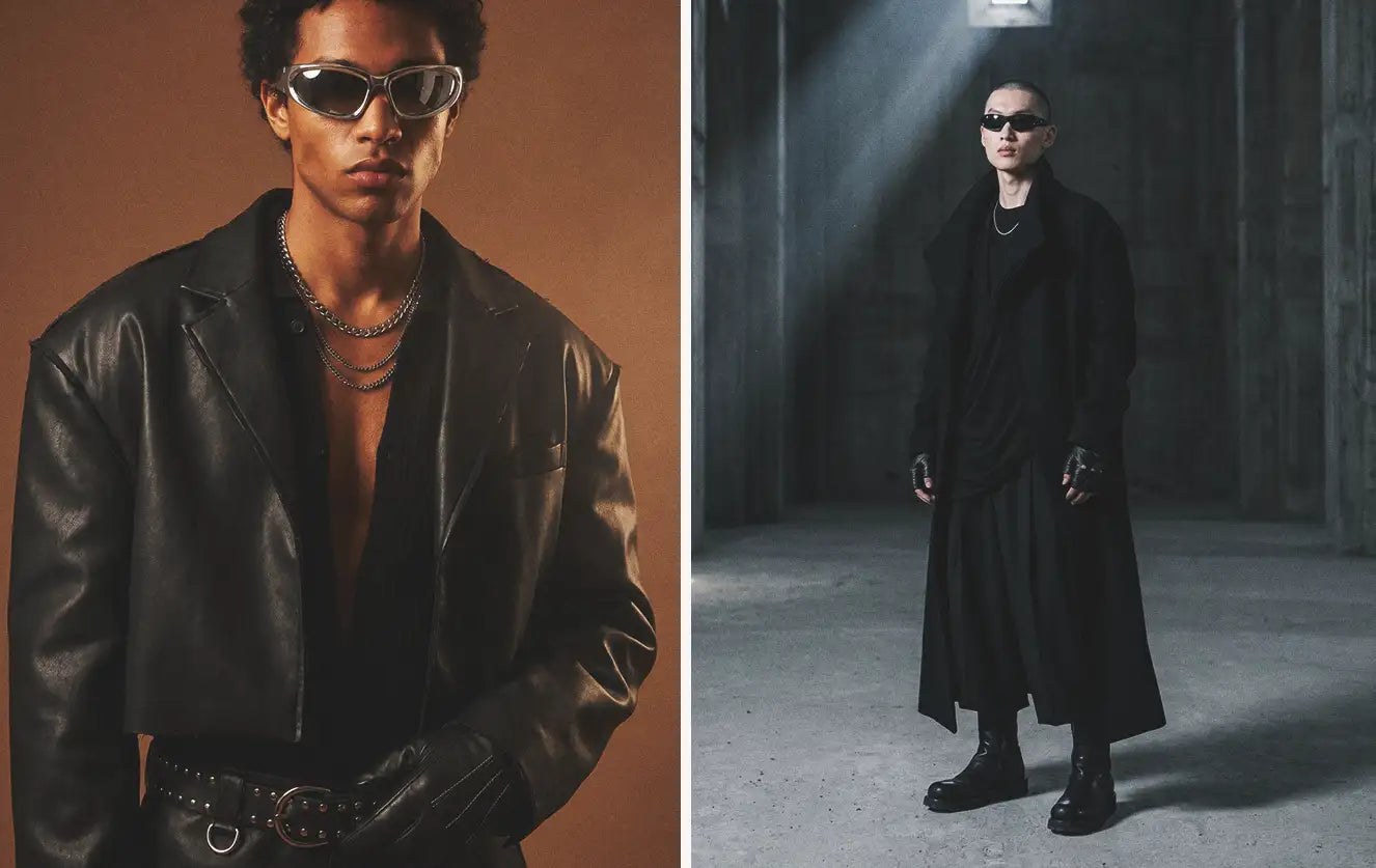 Avant-garde clothing editorial showing an oversized black leather jacket worn open with silver chain necklaces and a studded belt — alongside a full-length avant-garde black wool coat paired with chunky boots in a dramatic industrial concrete space