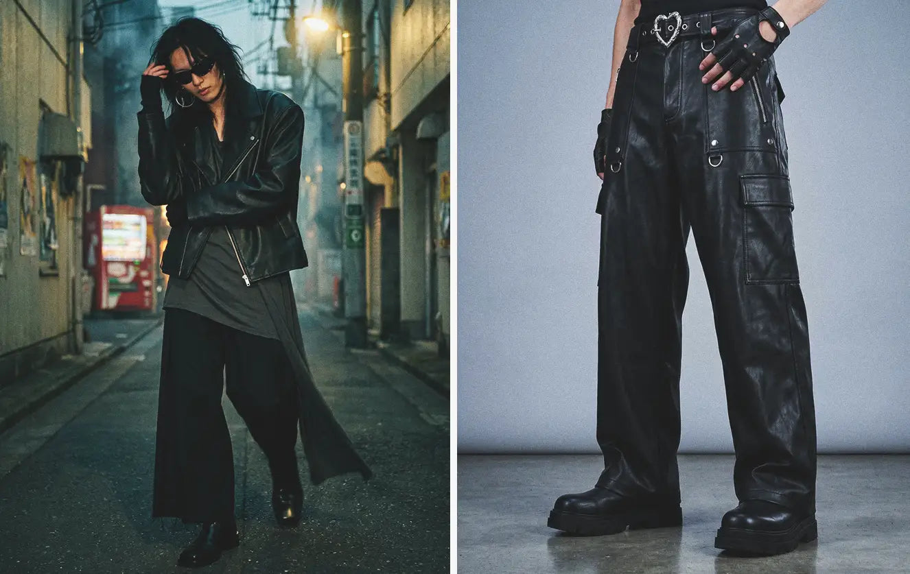 Avant-garde clothing street style in a Tokyo alley with a woman wearing an oversized black leather biker jacket layered over a flowing dark dress — alongside a close-up of black faux leather cargo pants with D-ring hardware, chunky platform boots and fingerless gloves