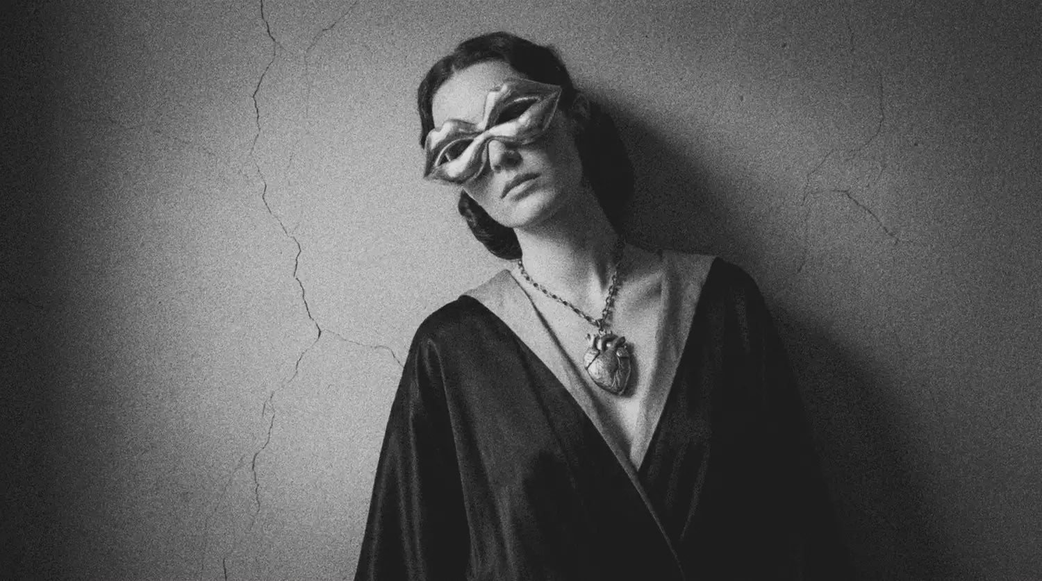 Surrealist 1930s fashion portrait with sculptural eye mask and anatomical heart pendant inspired by Elsa Schiaparelli