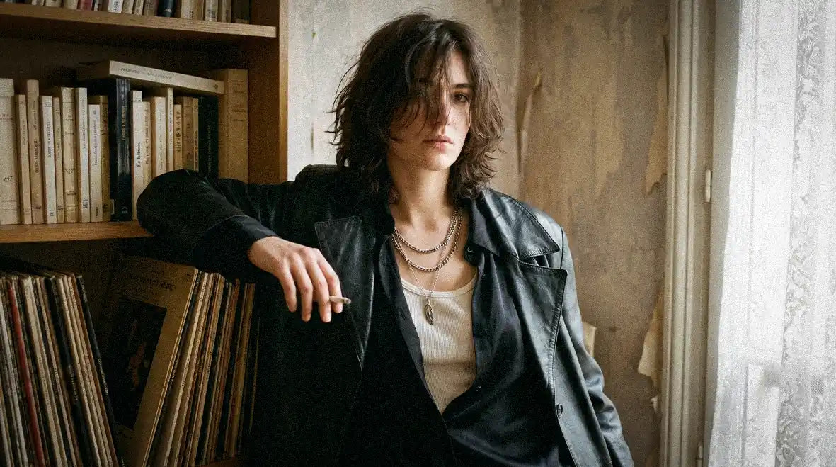 Androgynous female model in oversized black leather coat and white tank top with silver chains in Parisian apartment, Ann Demeulemeester Patti Smith style