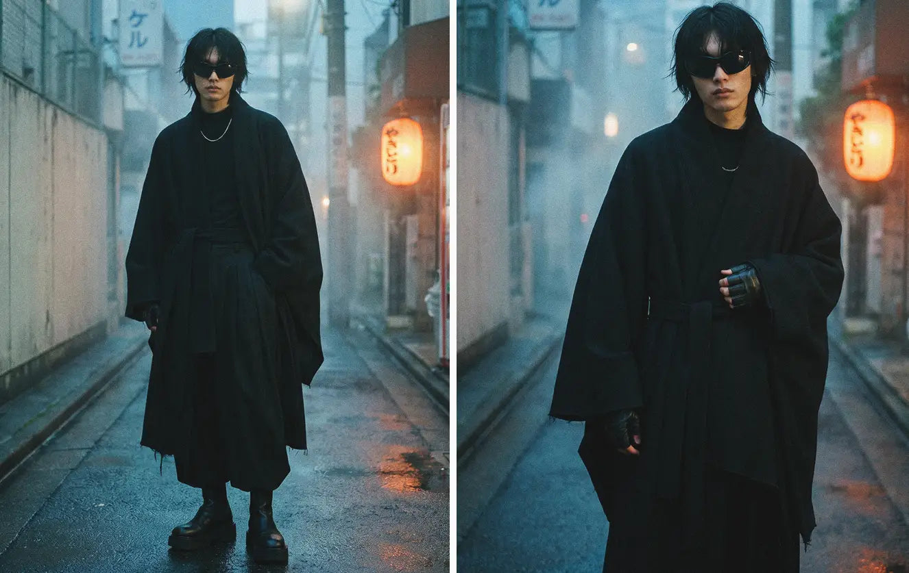 Avant-garde fashion diptych featuring an Asian male model wearing an oversized black wool kimono-style wrap coat with wide-leg pleated trousers and platform boots in a foggy Tokyo alleyway at dusk with a red lantern glowing in the background