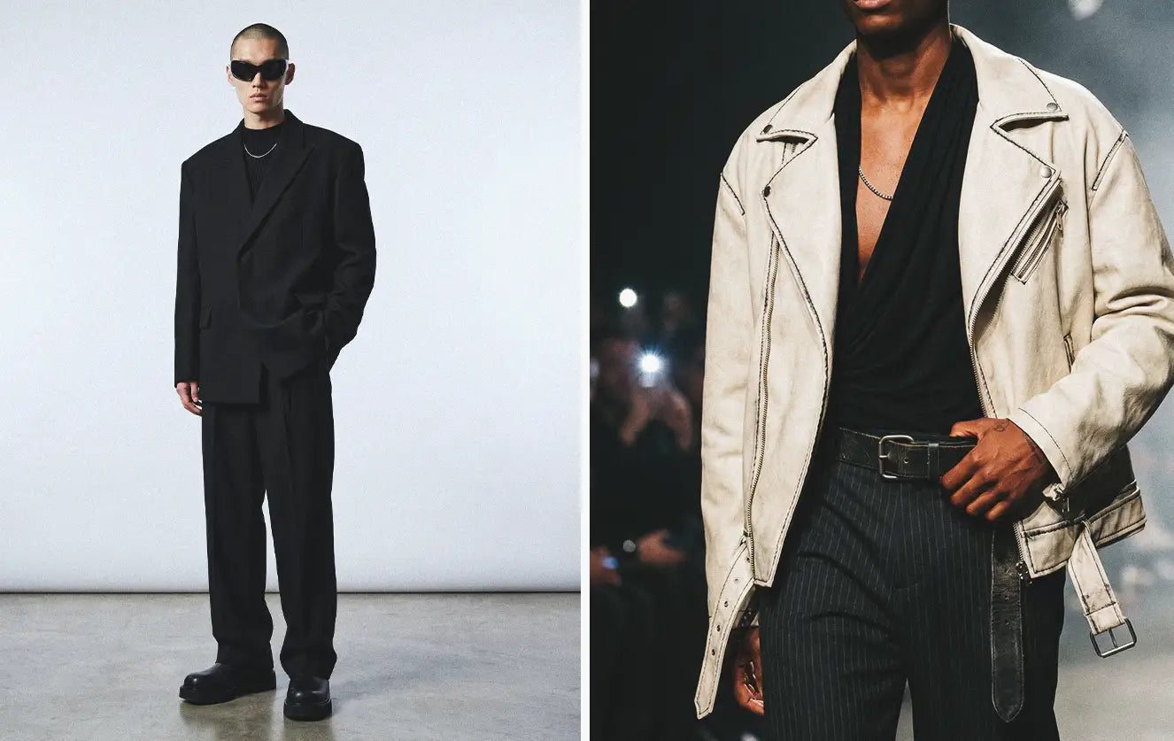 Left: male in oversized black wool blazer and wide-leg trousers, full body studio. Right: Tight close-up of Black male wearing cream-white leather biker jacket over draped black top with pinstripe trousers, runway flash