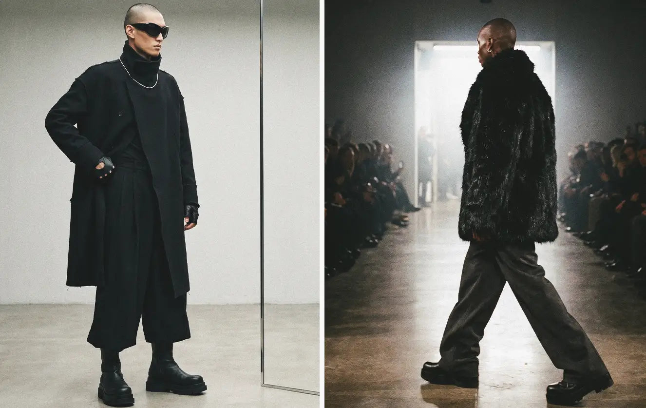 Avant-garde fashion diptych showing an Asian male model in a black wool layered look in a minimalist studio next to a Black male model walking a runway in profile wearing an oversized black faux fur coat and grey wool trousers