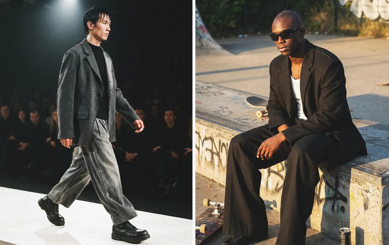 Avant-garde fashion diptych featuring an Asian male model walking a runway in an oversized grey wool blazer and matching wide-leg trousers alongside a Black male model in a brown blazer seated on a graffiti skate park ledge at golden hour