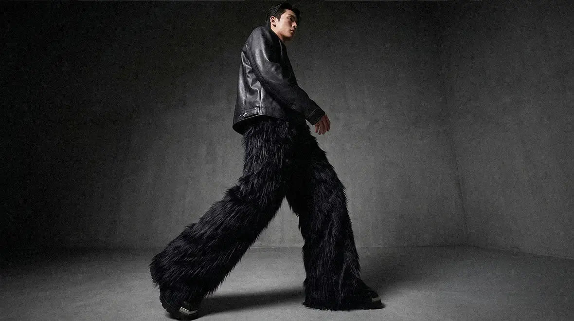 Editorial close-up of avant garde pants with technical fabric details