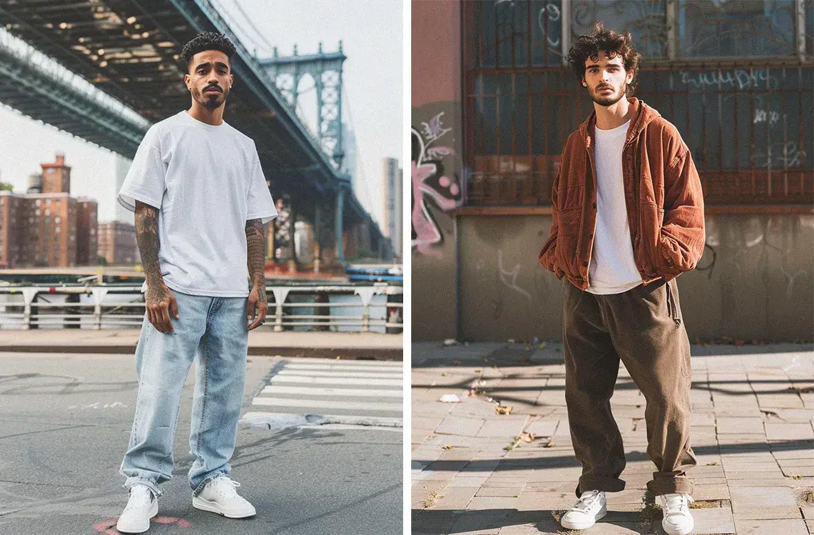 a man in blue baggy jeans and another man in baggy pants