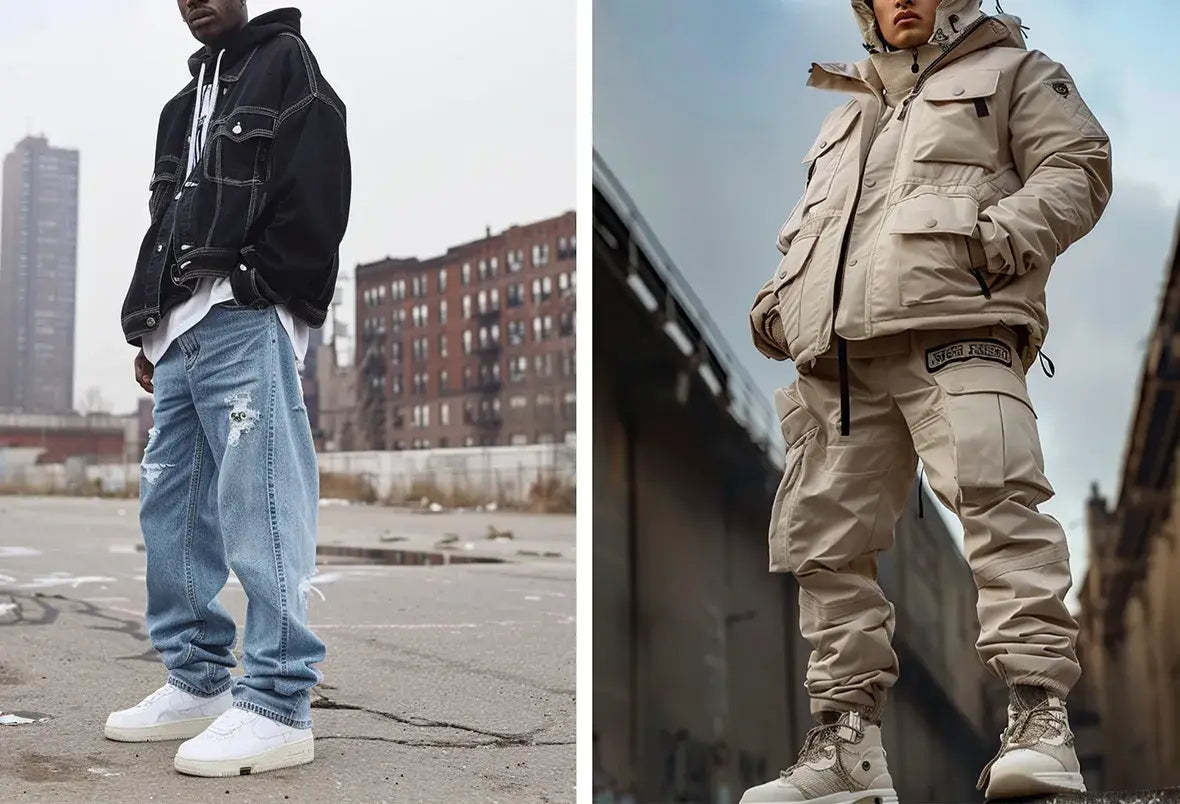 2 men wearing a baggy jeans and a cargo baggy pants