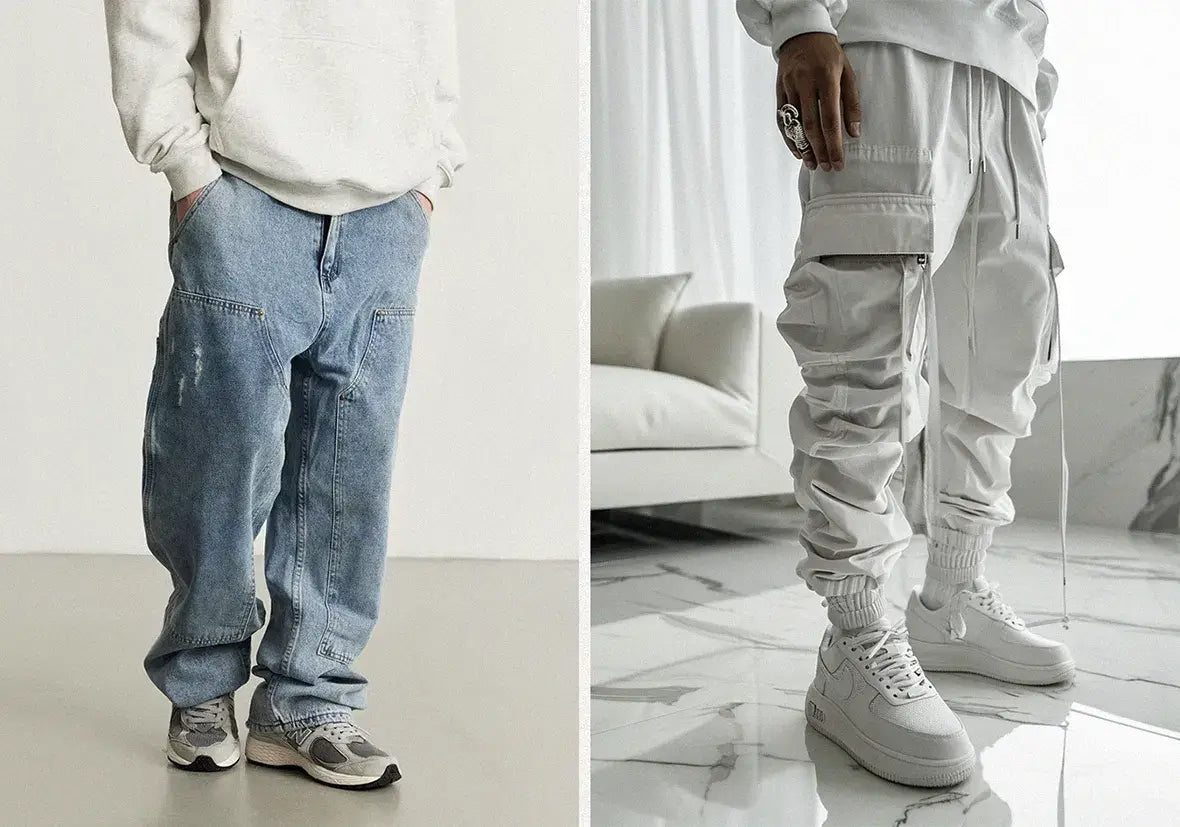 a jeans baggy pants and a white cargo baggy pants