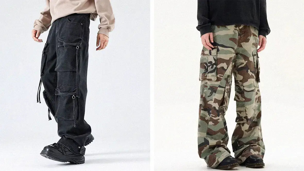 a black baggy pants and a camo baggy pants