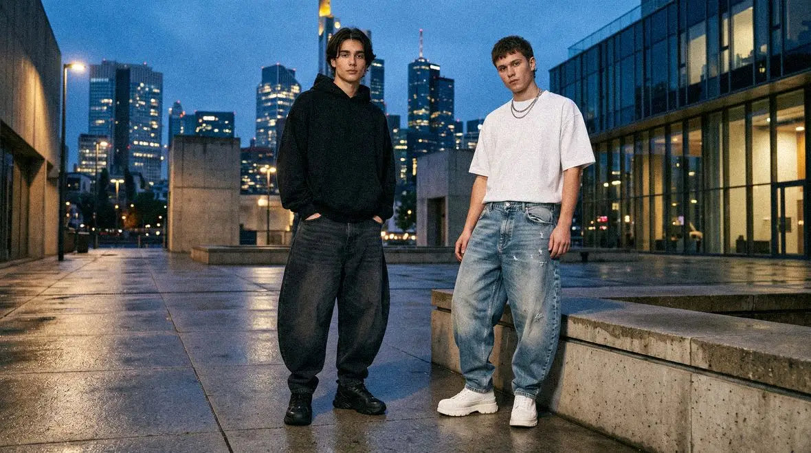 Two men in oversized hoodies and tees wear black and light wash barrel jeans against a night city skyline