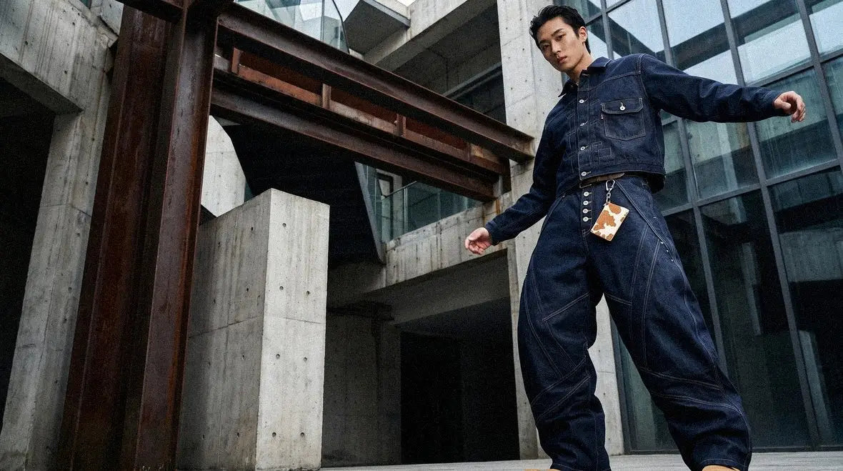 Man in a cropped denim jacket with contrast stitching wears dark indigo barrel jeans and tan boots outdoors