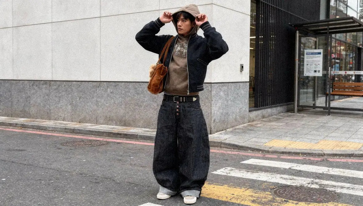 Man in brown zip jacket wears black barrel jeans with a leather belt and crossbody bag