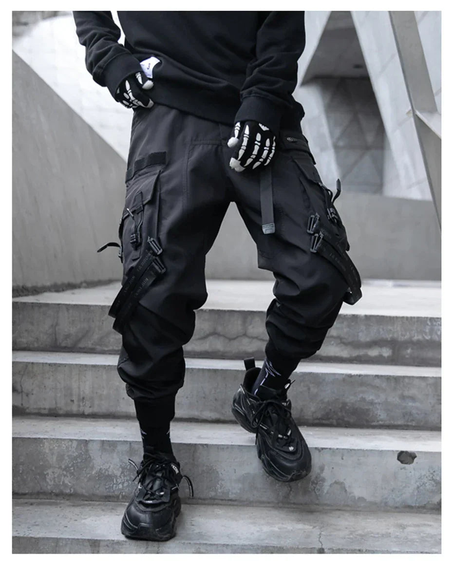 Black cargo pants with straps discount