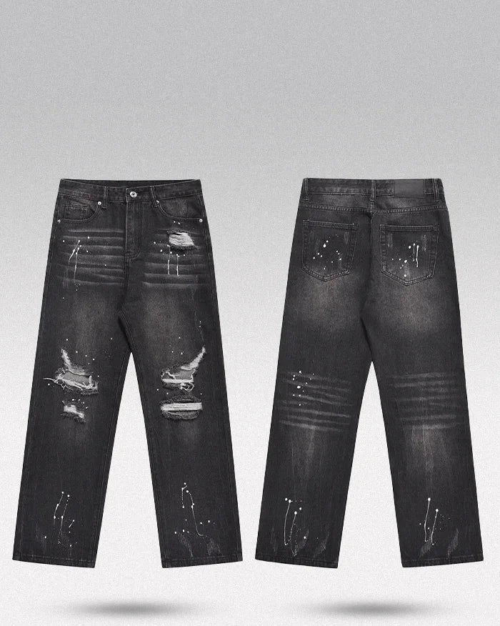 Black y2k jeans men "Kusei" front and back