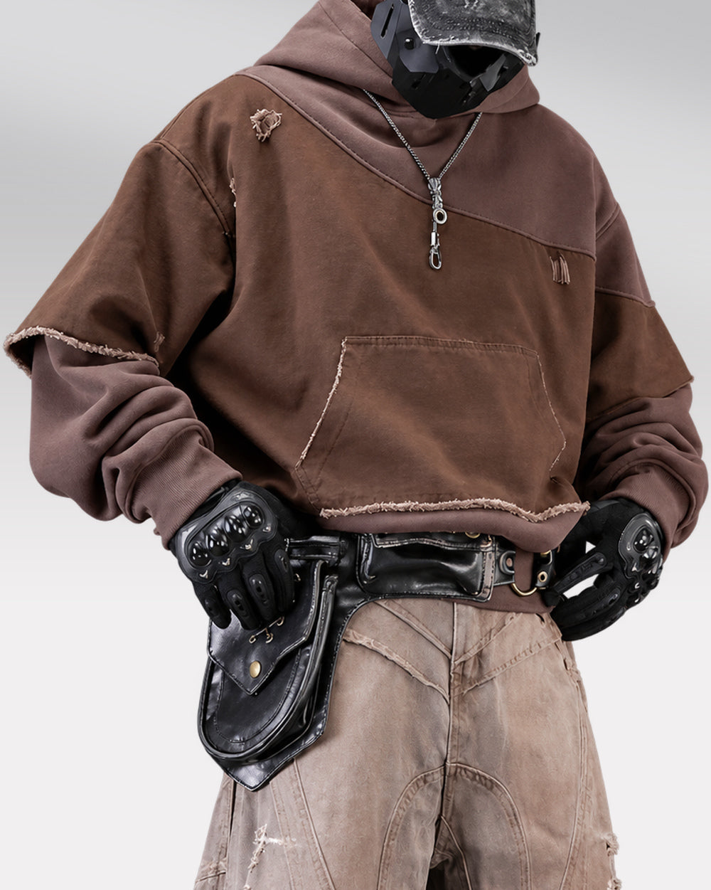 Brown hoodie "Kakami" in coffee, front worn view, hood down