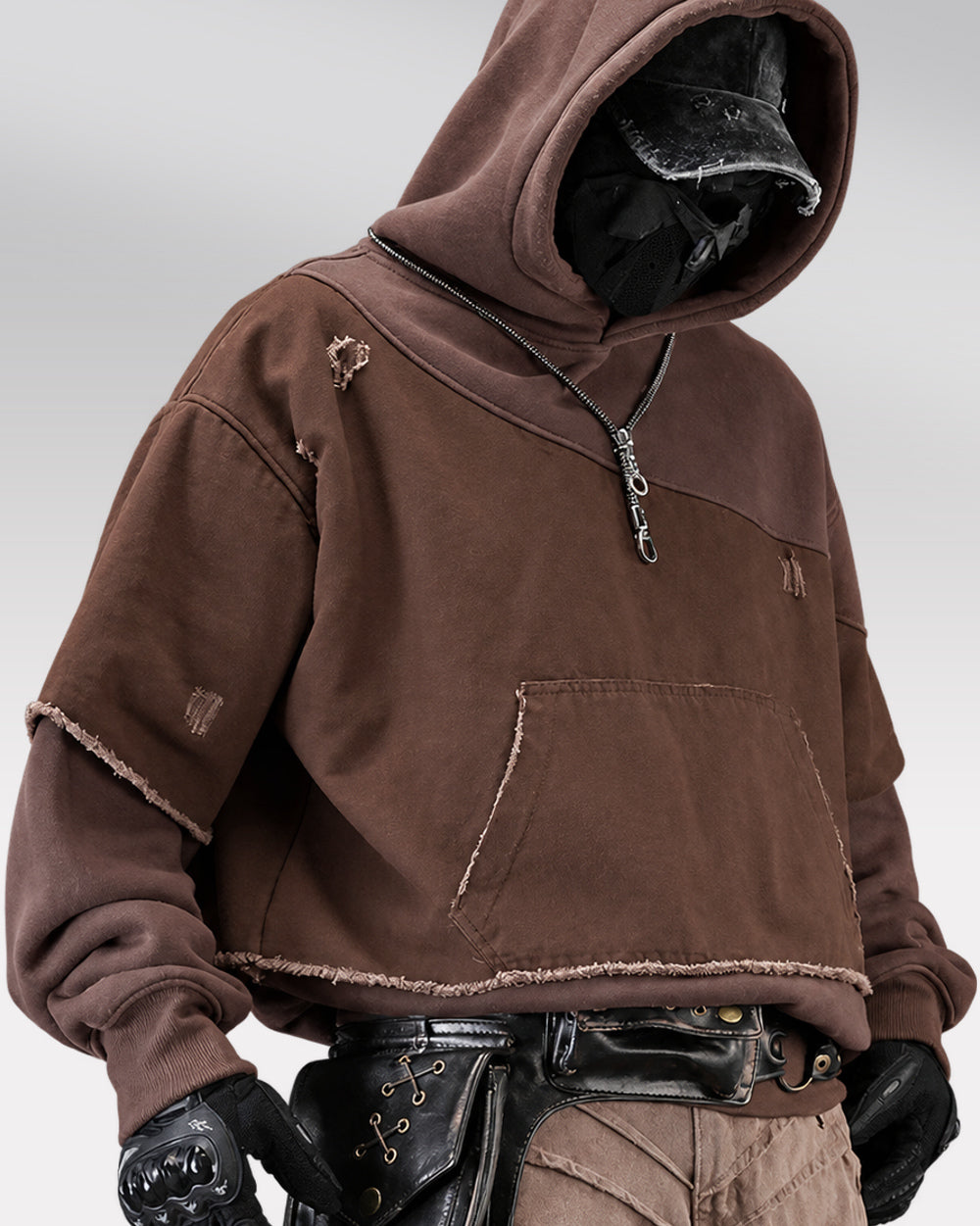 Brown hoodie "Kakami" in coffee, three-quarter worn view, hood up