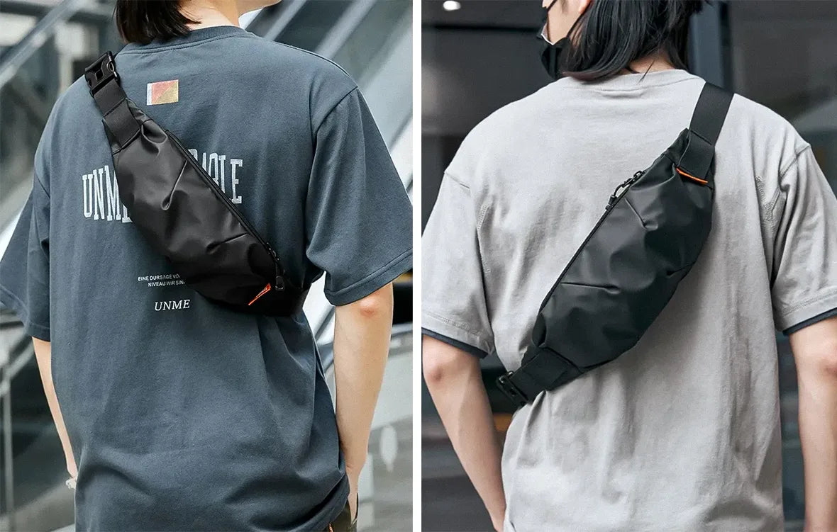 2 men in streetwear outfit wearing  crossbody bags