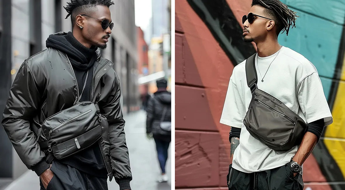 2 black men wearing a cross body bags