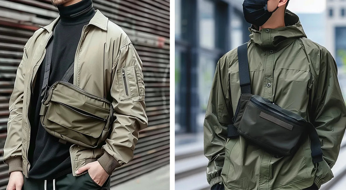 street fashion shoot of men wearing crossbody bag